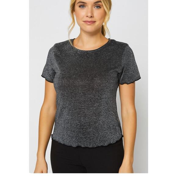 Urban Outfitters top semi cropped lettuce trim black silver top SZ M sparkly - Picture 1 of 6
